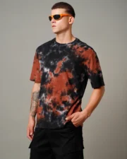 Men's Black & Orange Tie & Dye Oversized T-shirt - Image 4